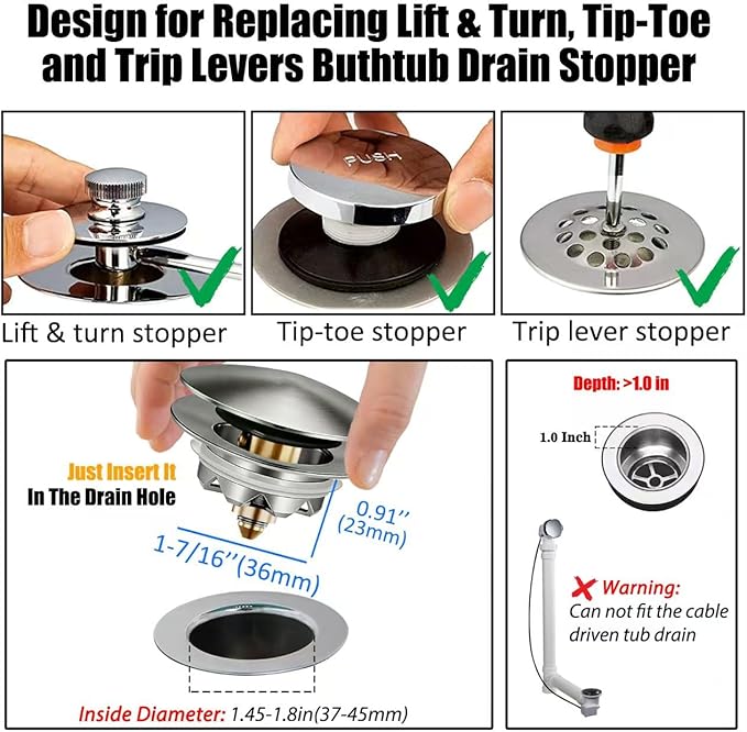 Bathtub Drain Stopper, Pop Up Tub Stopper and Cover, Bottom with Hair Catcher, Universal for 1.45 to 1.8in Drain, Replaces Old Drain Plug, Brushed Nickel