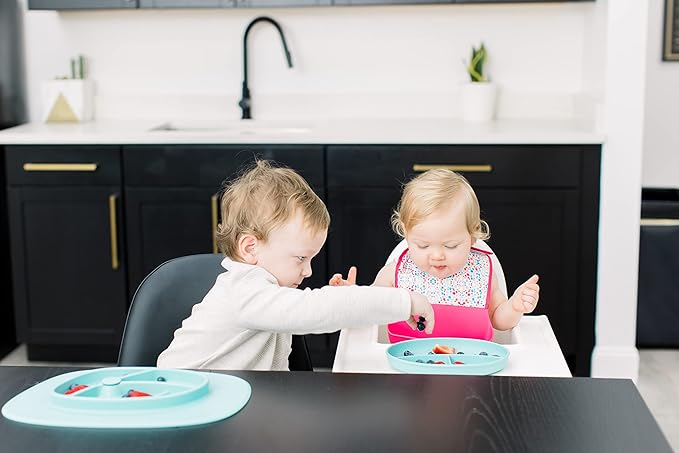Bazzle Baby Silicone Bibs with Food Catcher - Rolls Up and Button closed for easy travel and storage Waterproof 2-Pk