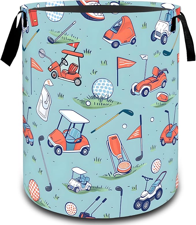 VODRM Vintage Golf Cart and Ball Laundry Basket, Dirty Collapsible Clothes Toy Organizer Hamper for Kids Adults, Oxford Cloth Waterproof Storage Bin for Bedroom Bathroom Home Decor Gifts, 19.7"X15.7"