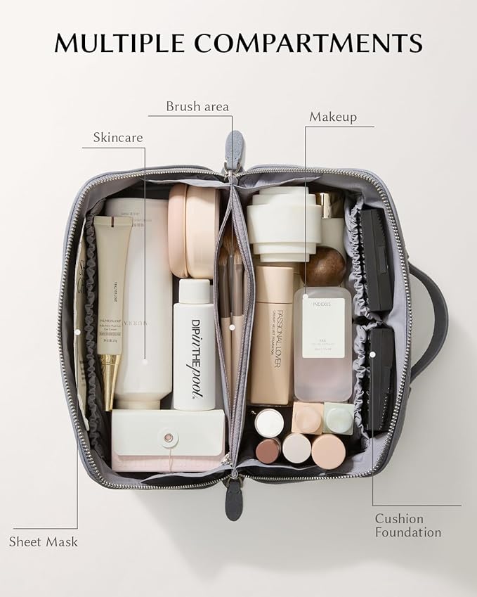 EACHY Travel Makeup Bag, Large Capacity Cosmetic Bag for Women, Waterproof PU Leather, Flat Open Portable Toiletry Bag for Skincare, Brushes & Travel Essentials