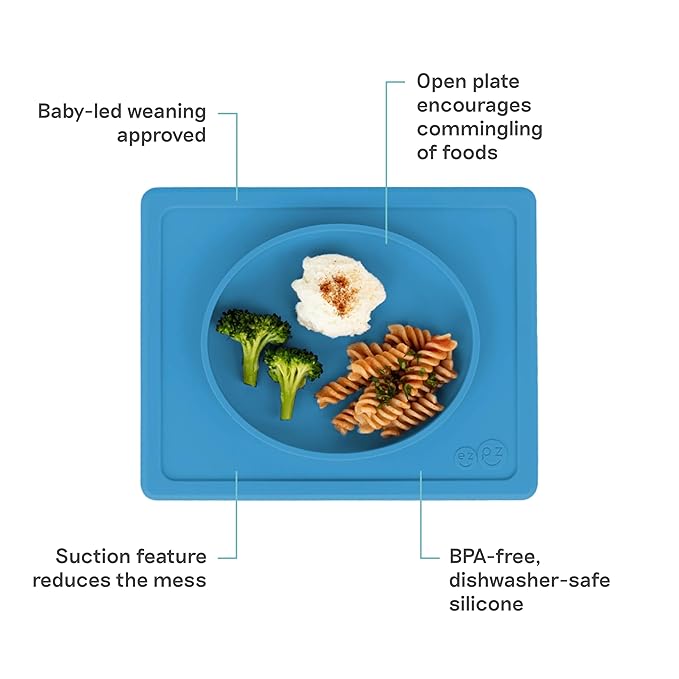 ezpz Tiny Plate (Blue) - 6 Months+ - 100% Silicone Suction Placemat + Plate for Infants - Fits on Most Highchair Trays - Baby Led Weaning Supplies