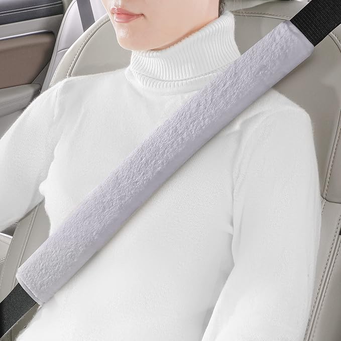 LACDL Extra Long Seatbelt Cover Super Soft Furry for Adults Kids Women & Men, Thick Plush Full Car Seat Belt Strap Cushion, Fluffy Shoulder Pad Protector, Auto Interior Accessories, 1pc, Grey, 15.5in