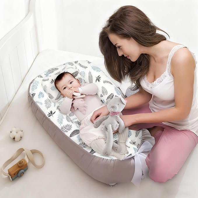 HOUSEYUAN Baby Lounger Replaceable Cover Baby Nest Backup Cover 100% Cotton Breathable Machine Washable (Gray Leaves)