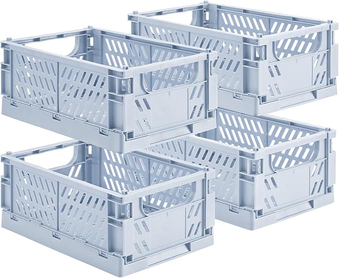 HUUSMOT 4-Pack Small Pastel Plastic Storage Baskets, Collapsible Crates for Organizing, Space-Saving Mini Bins for Classroom, Kitchen, Office, Bedroom (Blue, 9.8" x 6.5" x 3.8")