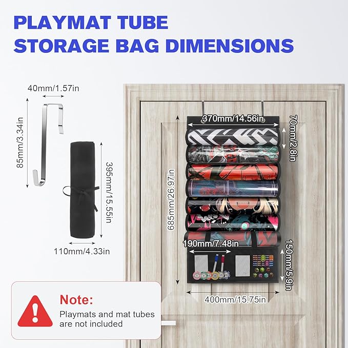 Playmat Tube Storage Bag with 6+1 Slots for MTG, TCG - Hangable Playmat Holder Over The Door,Portable Game Mat Organizer Case with XL Mesh Pockets & 2 Hooks for RPG Card Games