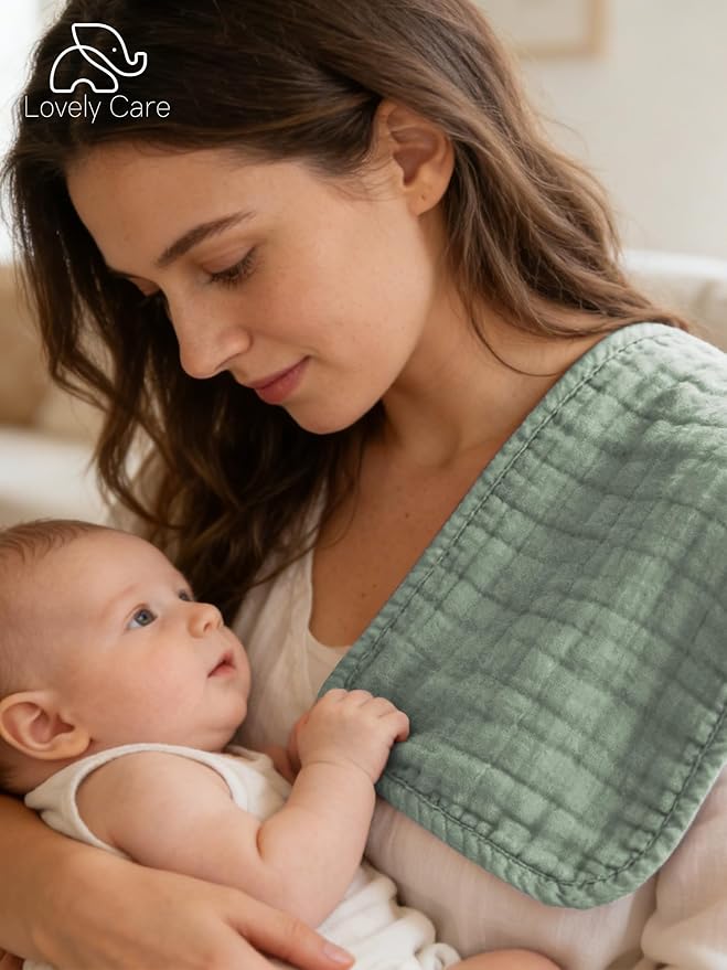 Lovely Care 12 Pack Muslin Burp Cloths 100% Cotton Muslin Cloths Large 20''x10'' Extra Soft and Absorbent Baby Burping Cloth - Sage, Teal and Blue