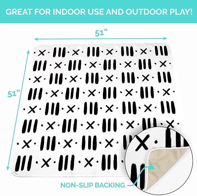 JumpOff Jo - Large Baby Splat Mat for Under High Chair, Booster Seat, Tabletop, Food Catcher - Protect Floor and Carpet from Spills & Crafts - Waterproof and Washable - 51 x 51 inches - Black & White