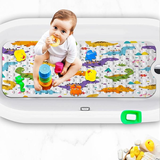 KINUUIS Bathtub Mats for Kids, Cartoon Dinosaur Bath Mat for Tub Non Slip, 40 X 16 Inch Large Washable Bathtub Mat Non Slip for Showers with Drain Holes and Suction Cups