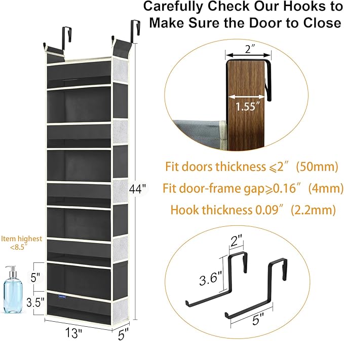 roomtalk Over The Door Hanging Organizer 5-Shelves and 10 Side Pockets, Over The Door Storage for Bathroom and Bedroom, Back of Door Organizers for Baby Accessories and Kid's Toys (13"x5"x44", Black)