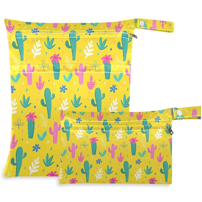 visesunny Colorful Cactus Floral 2Pcs Wet Bag with Zippered Pockets Washable Reusable Roomy for Travel,Beach,Pool,Daycare,Stroller,Diapers,Dirty Gym Clothes, Wet Swimsuits, Toiletries