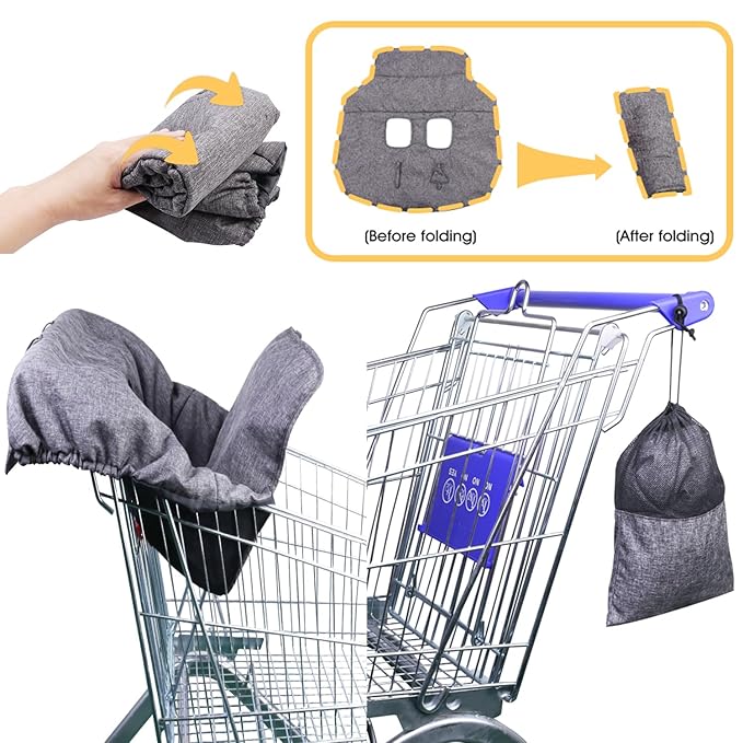 Shopping Cart Cover for Baby, Cotton High Chair Cover, Infant Grocery Cart Cushion Liner with Storage Pouch, Foldable, Machine Washable for Infant, Toddler, Boy or Girl. (Grey)
