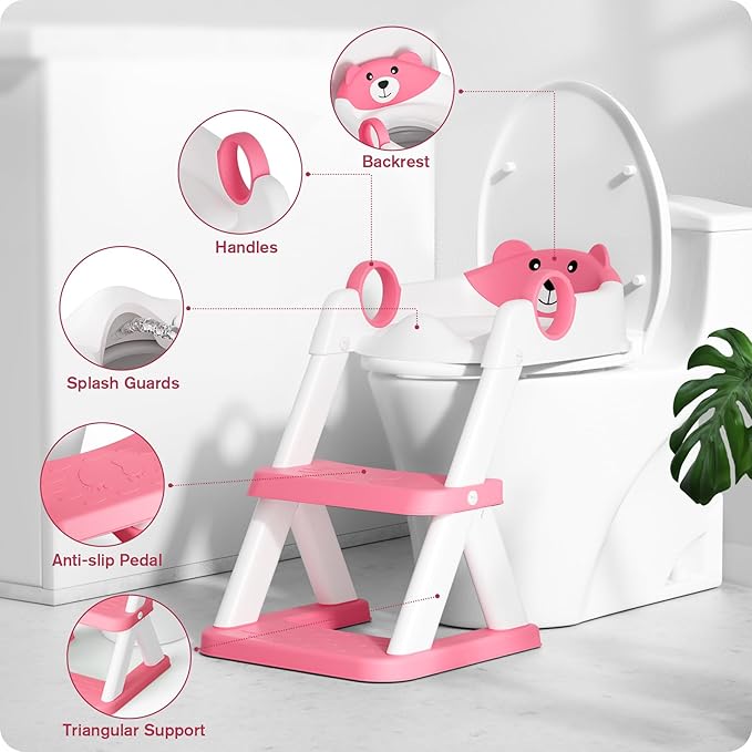Potty Training Seat, Upgrade Toddler Toilet Seat for Kids Boys Girls, 2 in 1 Potty Training Toilet for Kids, Splash Guard Anti-Slip Pad Step Stool(Bright Pink)