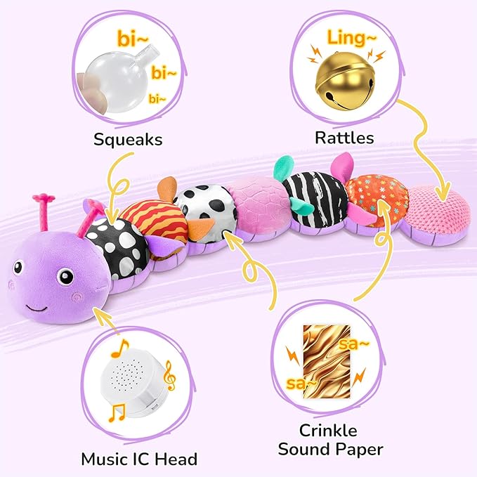 Baby Toys 6-12 Months Music Caterpillar,Stuffed Animals Infant Toys 0-3-6 Months,Baby Sensory Toys Tummy Time with Crinkle Rattle Teething Toys for Boys Girls Gifts Birthday|Lavender Purple