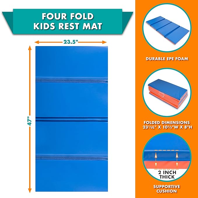 ProSource Four-Fold Kids Rest Mat, 2-inch Thick Sleeping Mats for Kids, Foam Foldable Cushion for Child Comfort, 48-in - Blue/Red