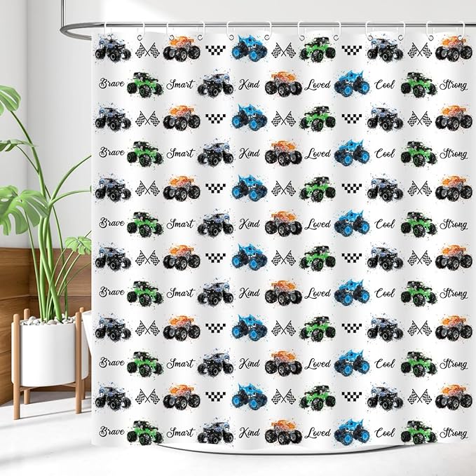 Kids Monster Truck Shower Curtain Cool Boys Cartoon Cars Inspirational Motivational Words Blue Green Orange Bathroom Decor Waterproof Fabric 72Lx72W inch with 12PCS Hooks