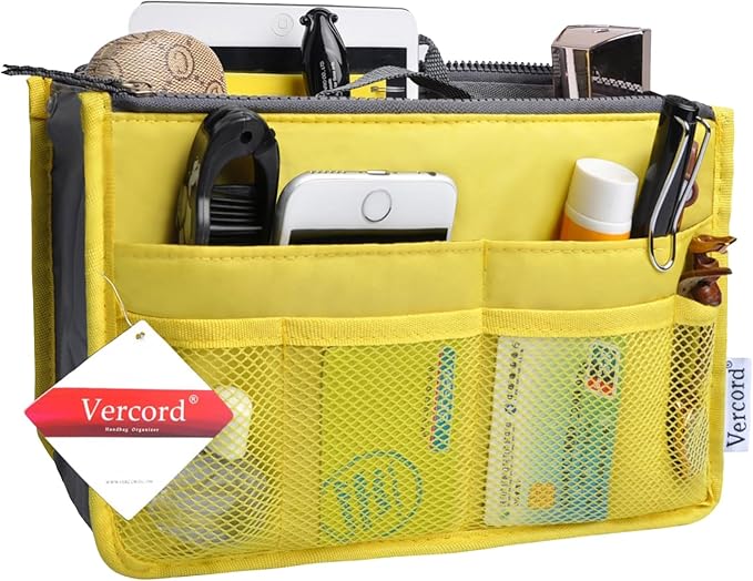 Vercord Purse Organizer Insert for Handbags Bag Organizers Inside Tote Pocketbook Women Nurse Nylon 13 Pockets Yellow Small