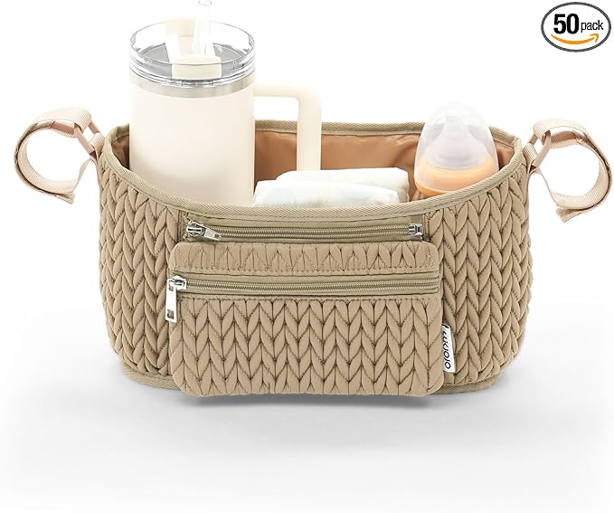 Stroller Organizer - Stylish 3D Herringbone Quilting Nylon, Universal Fit, Detachable Bag, Adjustable Multi-Storage for Baby Essentials