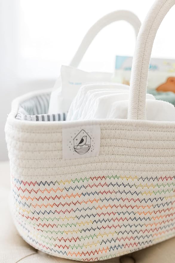 OrganiHaus Nursery Storage Basket, Cotton Rope Toy & Diaper Caddy Organizer with Handles, Baby Diaper Organizer, Foldable Design, Machine Washable, Ideal for Baby Room & Laundry - Stitches Rainbow