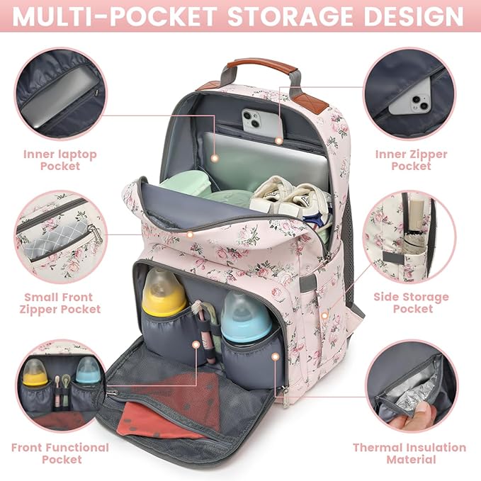 BILLITON MASHI Diaper Bag Backpack, Large Baby Nappy Bags with Portable Changing Pad for Boys and GirlsMultifunction Travel Baby Bag for Moms Dads, Shower Gifts Waterproof and Stylish，Flower Pink