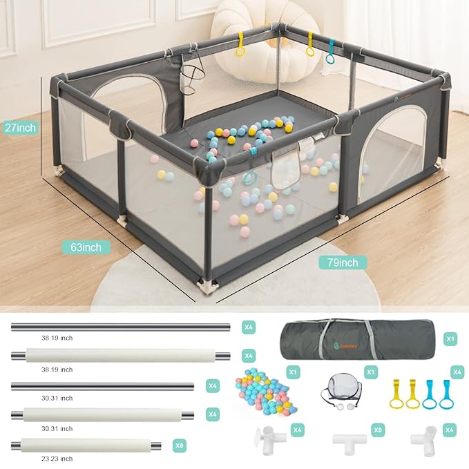 COMOMY Baby Playpen for Toddlers, 79" x 63" Extra Large Playard, Safe and Non-Slip Baby Fence, Full Mesh Design, Indoor & Outdoor Kids Activity Center, Babies Play Pens (Dark Grey)