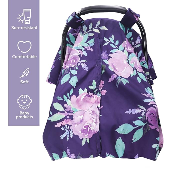 TANOFAR Car Seat Cover Baby, Carseat Covers Baby Boy Girl, Peekaboo Opening Infant Car Seat Cover for Winter, Warm & Cozy, Purple Floral