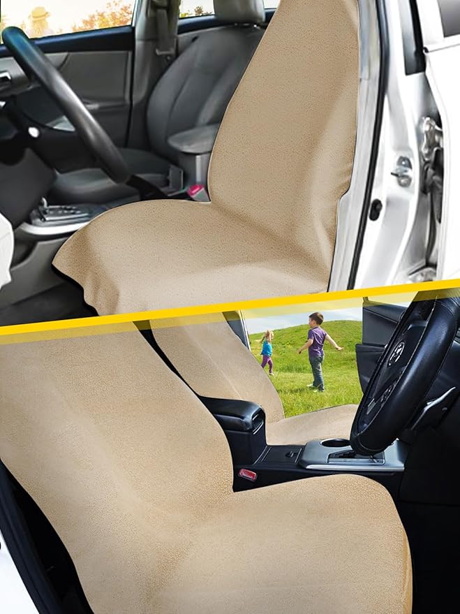 ZIMABLUE Towel Seat Cover - Waterproof Terry Cloth Front Seat Protector for Gym and Beach, Sweat-Absorbent, Non-Slip(Beige,1 Pack)