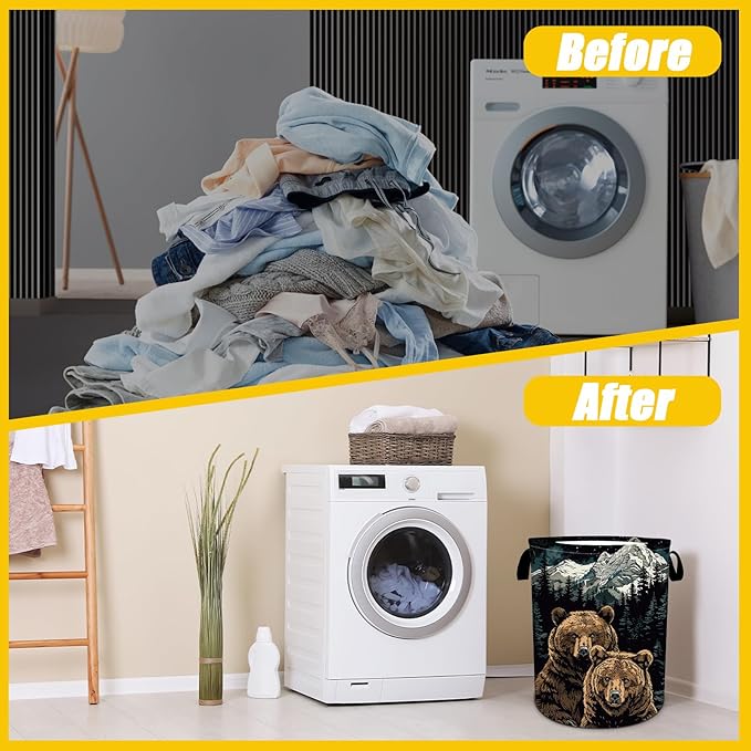 Mountains Bear Laundry Basket,Laundry Hamper With Handles Collapsible Laundry Baskets Waterproof Dirty Clothes Hamper Storage Basket Toy Bins For Room Bathroom Bedroom Decor