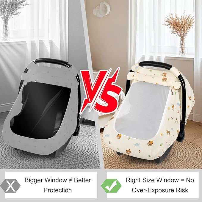 Hooyax Muslin Car Seat Cover Baby - Breathable and Privacy Car Seat Canopy with 3 Modes - Easy Install & Gift Box Packaging, Universal Fit for Infant Car Seats, Bear