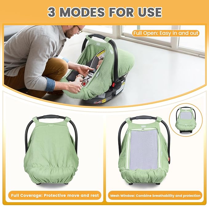 Orzbow Cotton Baby Car Seat Cover, Breathable Car Seat Canopy for Girls Boys with Mesh Window, Lightweight Baby Carrier Cover for Wind, Dust, Sun and Insects Protection, Universal Fit, Green