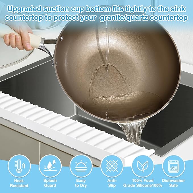 Silicone Sink Edge Protectors 4" x 24", Upgrade Kitchen Sink Splash Guards With Suction Cup, Splash Guard For Bathtub Sink, Countertop Protectors For Quartz Kitchen Sink（Transparent White）