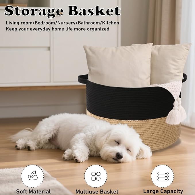 Large Storage Basket with Handle,23.6" x 23.6" x 15.7" Blanket Basket Storage Bins for Organizing,115L Cotton Rope Woven Baskets for Living Room, Nursery,Bedroom,Black&Camel