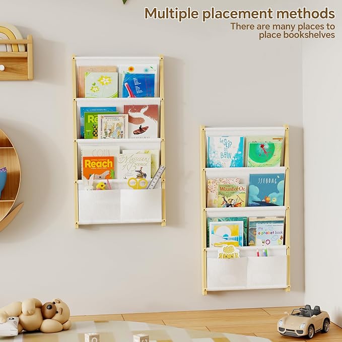 Wood 4-Tier Wall Mounted Kids Bookshelf – Floating Book Shelf For Kids Rooms,Nursery & Classroom, Hanging Bookcase Organizer For Books, Nursery Shelves, Toddler Book Shelf, Montessori Bookshelf 2 pack