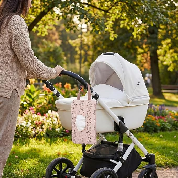 Quilted Baby Wipe Holder Quilted Wipe Pouch Portable Hanging Floral Wet Wipes Bag for Car, Stroller