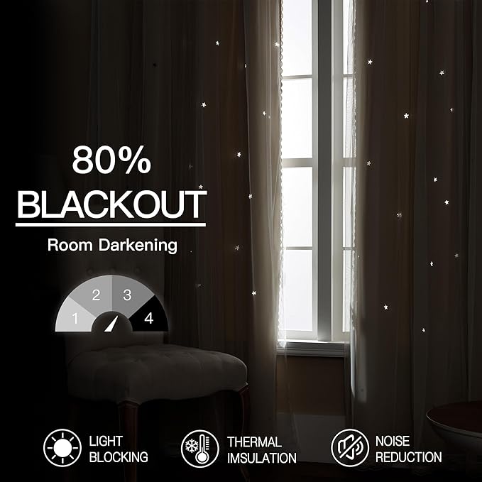 XiDi Biege Blackout Curtains 90 Inches Long for Bedroom Living Room 2 Panels Double Layer Curtains with Sheer Overlay Star Cut Out Wall Home Kid Girl Decor Thermal Grommet Window Drapes W52 X L90
