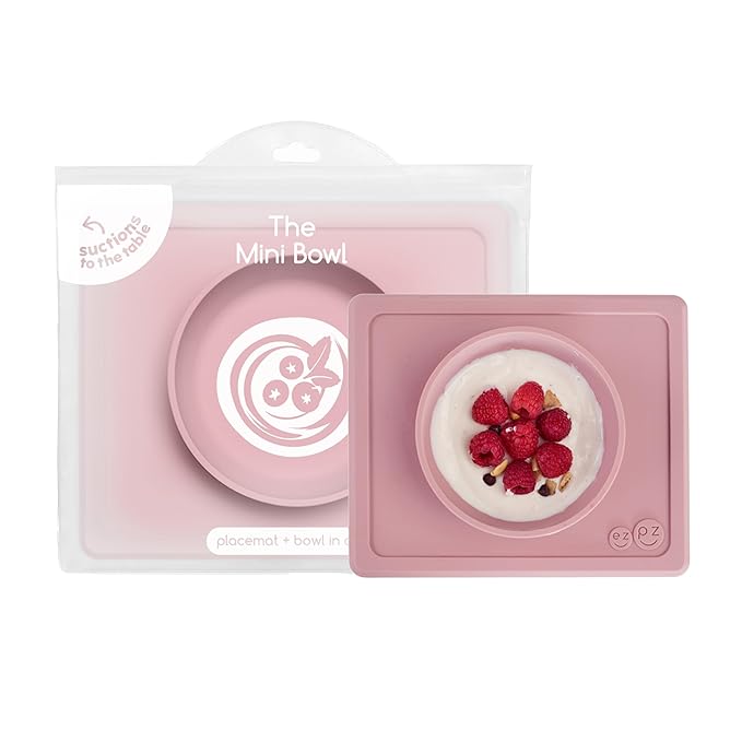 ezpz Mini Bowl (Blush) - 12 Months+ - 100% Silicone Suction Placemat + Bowl for Toddlers - Comes with a Reusable Travel Bag