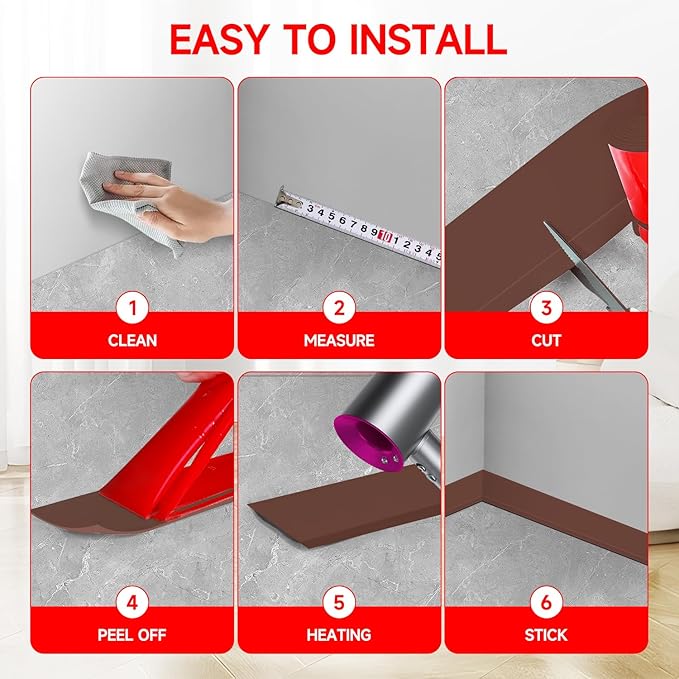 Flexible Baseboard Molding Trim 3 Inch(W) x 66 Feet(L) Self Adhesive Vinyl Wall Base Peel and Stick Cove Base,Rubber Wall Base. (Brown)