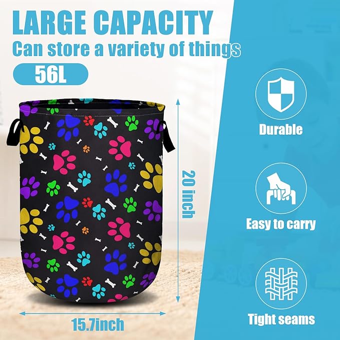 Colourful Paw Prints Bones Laundry Basket, Laundry Hamper Collapsible Oxford Cloth with Handle Clothes Toy Storage Bin for Bathroom Laundry Room Bedroom 15.7 X 20 Inch