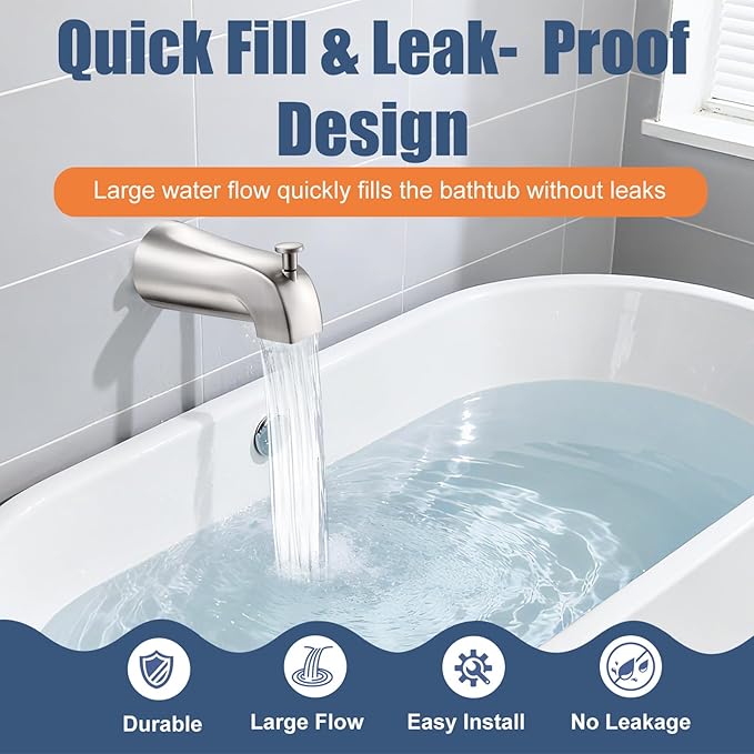 Universal Bathtub Tub Spout with Diverter, Fits 1/2" Slip-Fit Copper Pipe Connection, Pull Down Bathtub Faucet Spout Replacement, Easy Installation (Brushed Nickel)