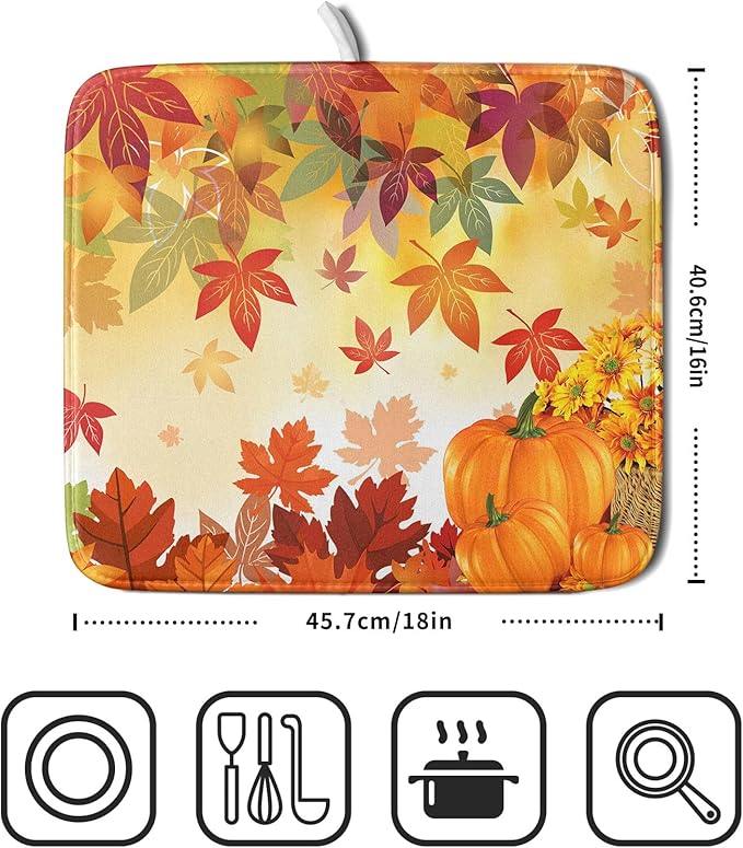 Autumn Fall Dish Drying Mat for Kitchen Counter Pumpkin Maple Leaves Drying Mat 16 x 18 Inch with Absorbent Reversible Microfiber Dish Drying Pad Dish Rack Drainer Mat for Coffee Bar