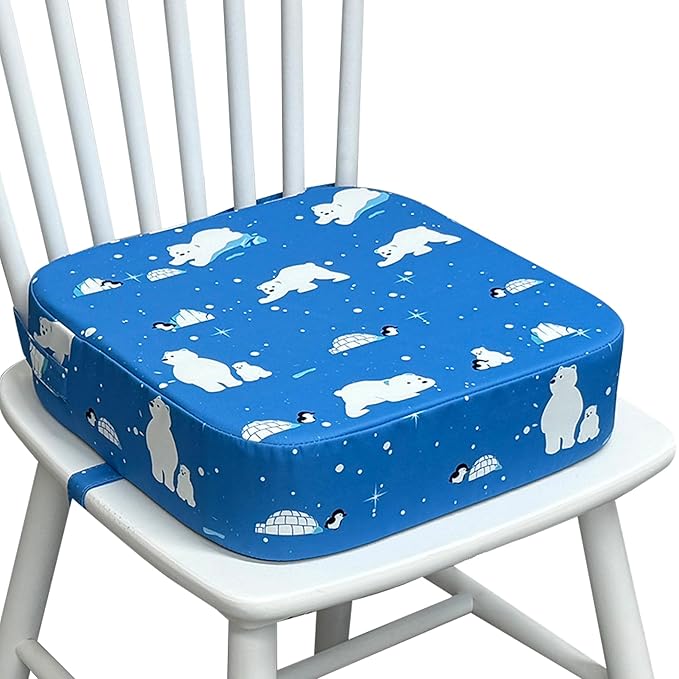 Toddler Booster Seat for Dining Table, Waterproof Kids Booster Seat for Kitchen Chair, High Density Foam Cushion with Non-Slip Bottom, Washable Cover & Adjustable Straps (Polar Bear)