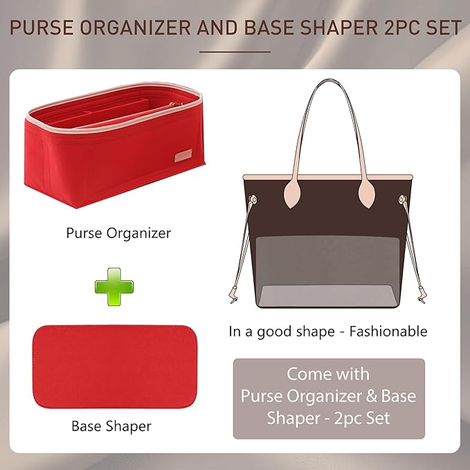 Doxo Purse Organizer Insert for Handbags & Base Shaper Combination,Tote Bag Organizer Insert with 6 Sizes,Compatible with LV Speedy 25 & Neverfull PM ON THE GO and More(Red-Medium)