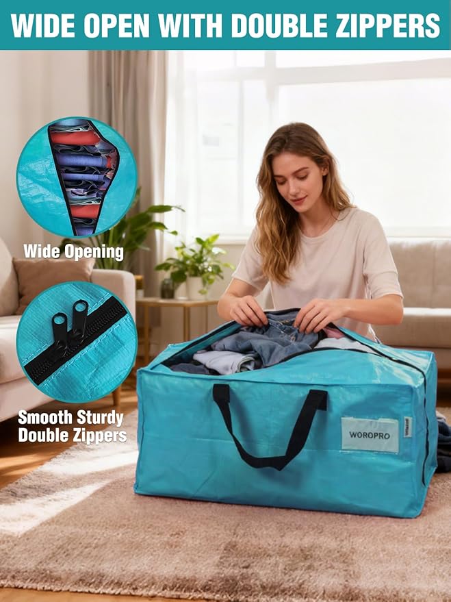 WORKPRO 2 Pack Extra Large Moving Bags with Zippers & Carrying Handles Backpack Straps, Heavy-Duty Storage Tote for Space Saving Moving Storage (Blue)