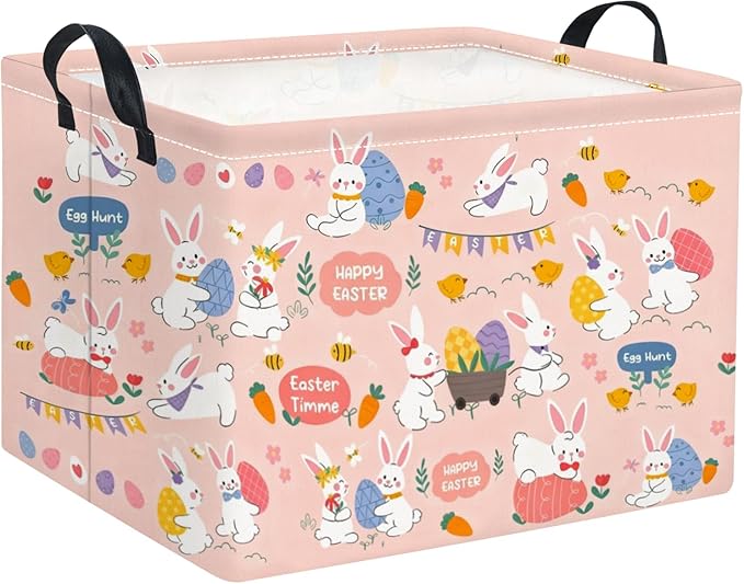 TIBAOLOVER Rectangular Easter Basket Easter Basket for Kids Baby Storage Basket Cute Toy Storage Bin Organizer Shelf Book Basket Easter Room Decor(Pink Purple Easter)