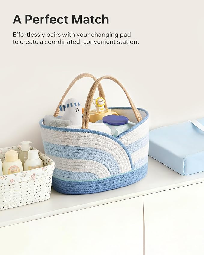 Baby Diaper Caddy Organizer - Portable Cotton Rope Diaper Caddy Basket for Nursery, Gift for Baby Shower List, Storage for Diapers, Wipes, Toys & Newborn Essentials (Blue/White)