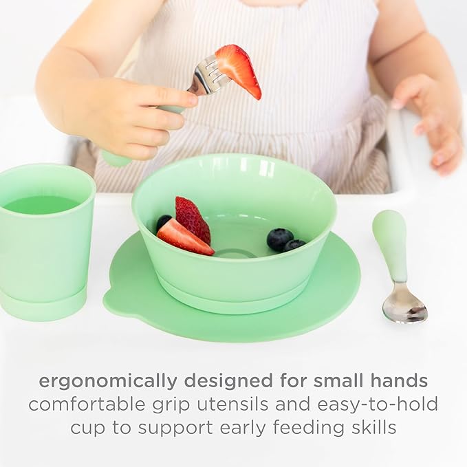 Ubbi Toddler Feeding Set, 7-Piece, Plate, Bowl, Cup + Baby & Toddler Stainless Steel Utensils, Interchangeable Suction Base, BPA-Free Dishwasher Safe, Self-Feeding for Baby-Led Weaning, Green