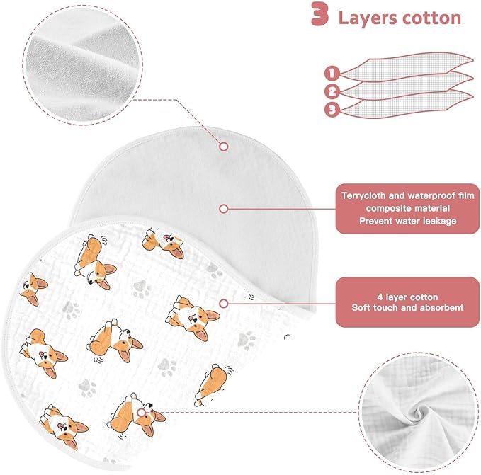 Qinllo 4 Pack Muslin Burp Cloths Cute Corgi Dogs White Cotton Baby Burp Cloths Absorbent Burping Cloth Soft Spit Up Rags for Newborn Must Haves 22x11 Inch