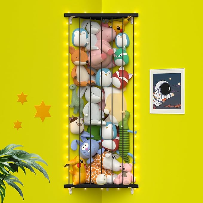 Stuffed Animal Storage Shelf Organizer(Patented) - Corner Stuffed Animal Holder Length Adjustable - Wall Plush Storage for Nursery Playroom Bedroom Kids Room (Black+Light, Standard)