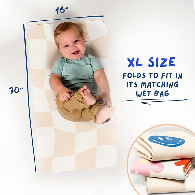 Portable Changing Mat with Reusable Waterproof Wet Bag,(16 x 30 Inches) Baby Changing Mat, Non-Toxic Changing Pad Portable Folds and Wipes Clean, Baby Changing Pad Travel (Smiley Face)