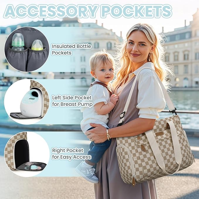 Pritent Large Travel Diaper Bag Tote with 14 Inch Laptop Sleeve, Breast Pump Bag for Mom and Dad, Mommy Maternity Travel Baby Bag for Boys and Girls, Plaid