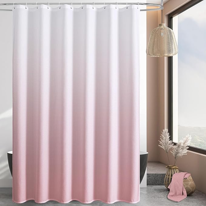 MitoVilla Extra Long Shower Curtain 72 x 84, Pink Ombre 84 inch XL Waffle Fabric Shower Curtains for Modern Luxury Bathroom Decor, Waffle Weave Textured 180GSM Weighted Shower Curtain 84 inch